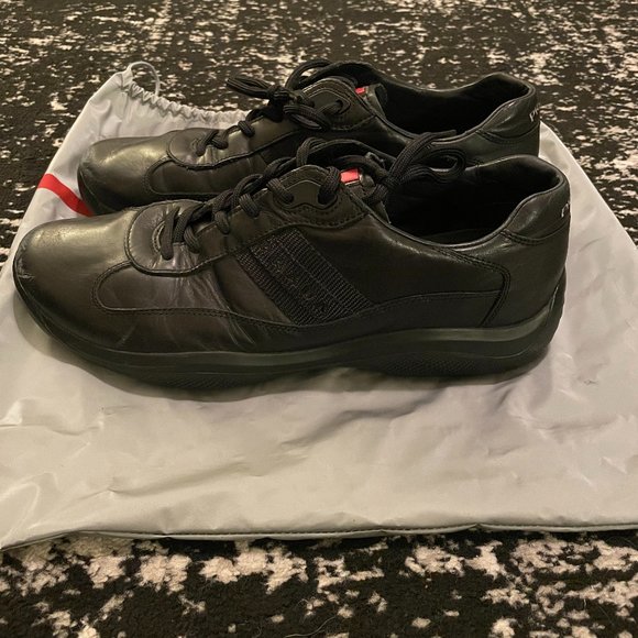 Vintage Prada Black Men's Leather Lace-up Sneakers Eagle Nero 4E 1830 - Picture 2 of 6